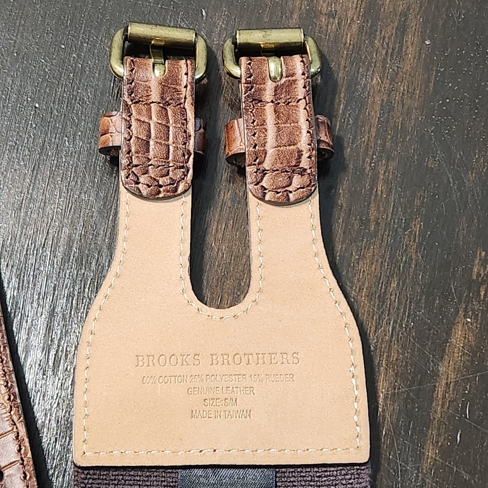 Brooks Brothers Brown Leather Elastic Croc Embossed Double Buckle Belt S/M - Picture 6 of 9